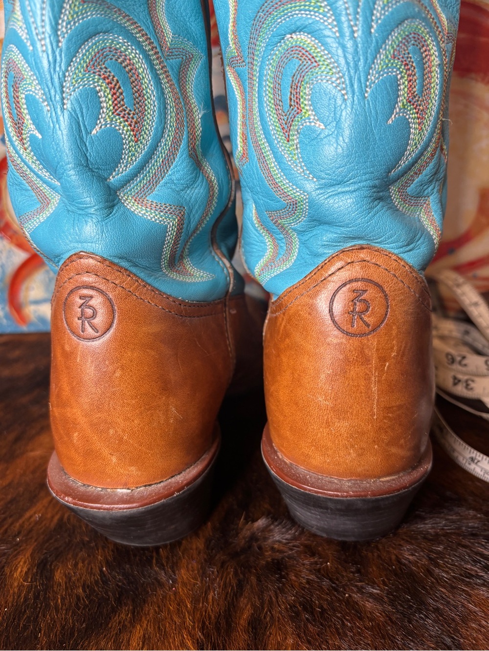 Tony Lama 3D Collection Turquoise Brown Leather Boots - Picture 6 of 9
